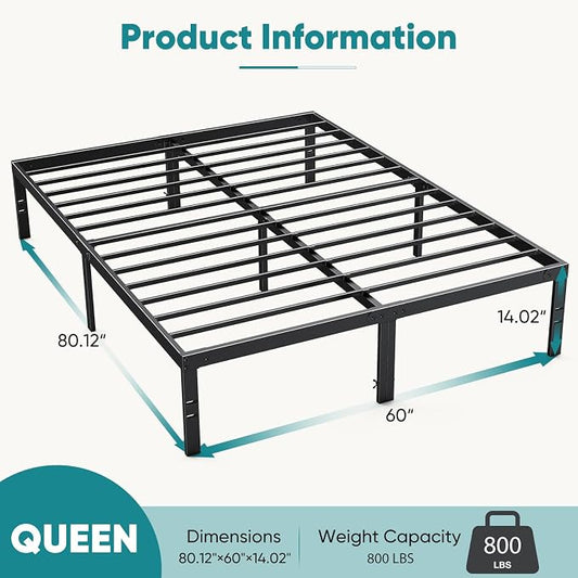 Sweetcrispy Queen Bed Frame - Heavy Duty Metal Platform Bed Frames Queen Size with Storage Space Under Frame, No Box Spring Needed, 14 Inches, Sturdy Steel Slat Support