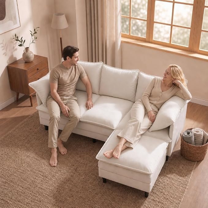 Convertible Sectional Sofa, 69" Small Cloud L-Shaped 3-Seat Couch with Movable Ottoman & Curved Armrest, Modern Chenille Fabric for Living Room, Apartment and Small Space, Beige