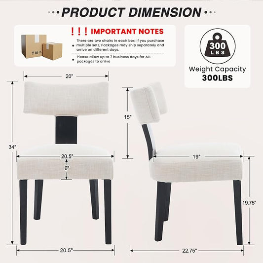 HNY Mid Century Modern Farmhouse Dining Chairs Set of 4, Linen Upholstered Accent Chair Curved Backrest Kitchen Chairs, with Black Hardwood Frame, Beige