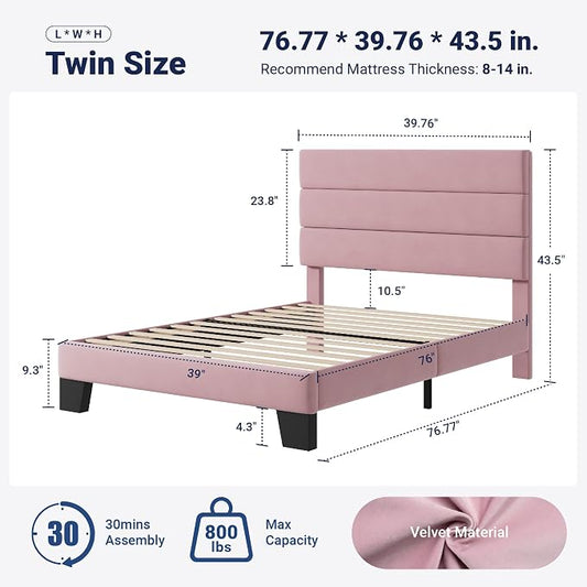 Allewie Twin Size Platform Bed Frame with Velvet Upholstered Headboard and Wooden Slats Support, Fully Upholstered Mattress Foundation/No Box Spring Needed/Easy Assembly, Pink