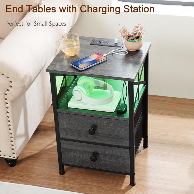 AMHANCIBLE Night Stand Set of 2 with Charging Station and LED Lights, Large 2-Drawer Bedside Tables with USB Ports and AC Outlets, Modern Nightstand for Bedroom, Dark Grey HET052LDG
