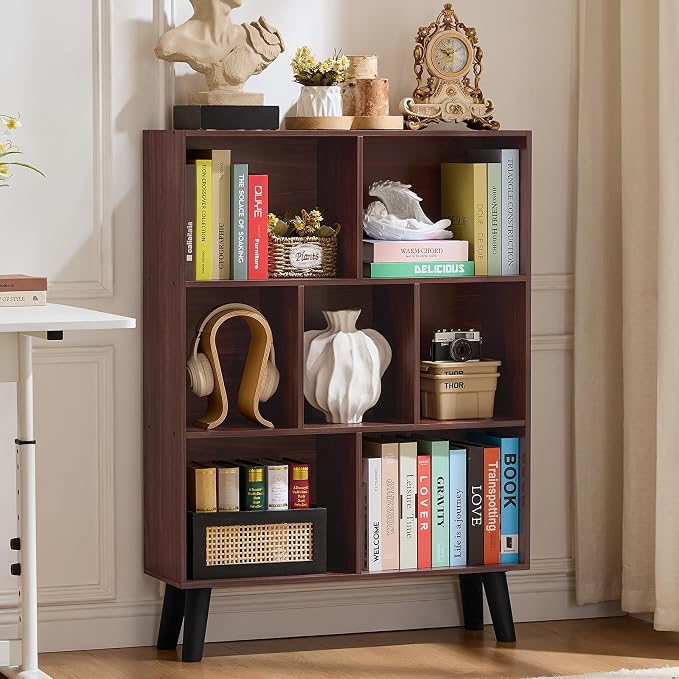 LEYAOYAO 7 Cube Bookshelf 3-Tier Bookcase with Legs, Mint-Walnut Kids Book Shelf Cute Storage Organizer, Toy Shelves Bookshelves,Wood Display Bookcases