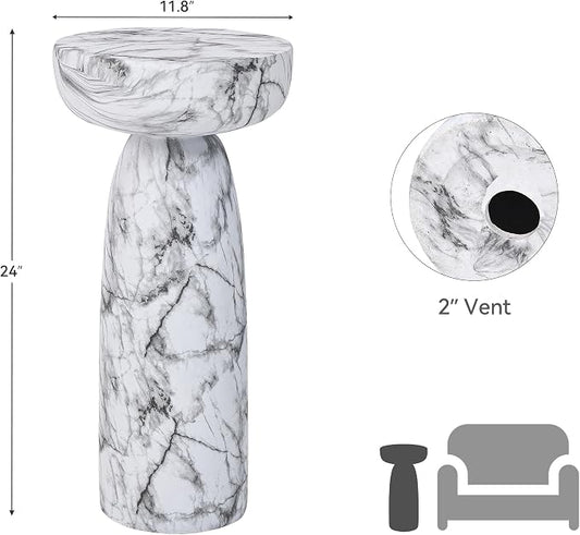 Marble Side Table, 24" Modern Accent Table with Pedestal Stand, Durable Faux Marble Side Table for Small Spaces, Marble Look Coffee Table Accent Drink Tables for Living Room Patio Balcony