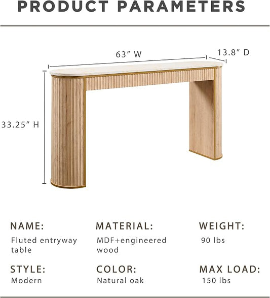 OKD Modern Fluted Console Table, 63" Long Narrow Entryway & Sofa Tables for Hallway, Tall Accent Table Behind Couch for Foyer Living Room, Natural Oak