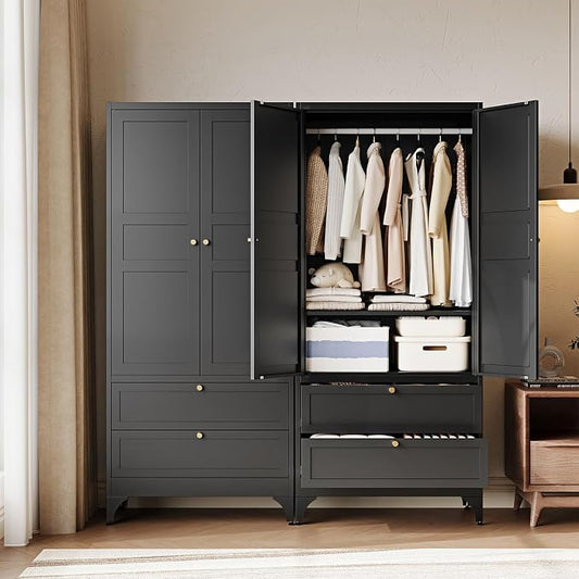 Letaya Metal Armoire Wardrobe Closet with 2 Drawers,18" Deep Clothing Storage Cabinet with Doors and Shelves,Coat Closet with Hanging Rod,Bedroom,Home,Cloak Room-Black
