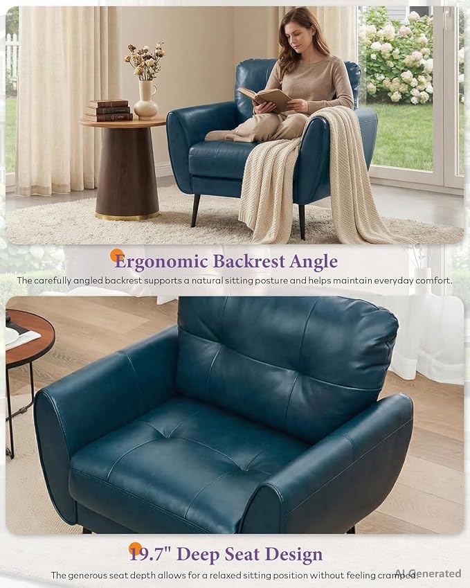 TYBOATLE Accent Chair, Comfy Modern Living Room Blue Leather Reading Accent Chairs Tufted Mid Century Arm Chair Small Salon Chair for Office Bedroom (1, Blue)
