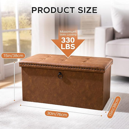 oakvivo 30 Inches Folding Storage Ottoman Bench, PU Leather Tufted End of Bed Bench, Foot Rest with Rivet Design, Ottoman with Storage, Load 330 lb, for Living Room, Bedroom, Entryway, Brown
