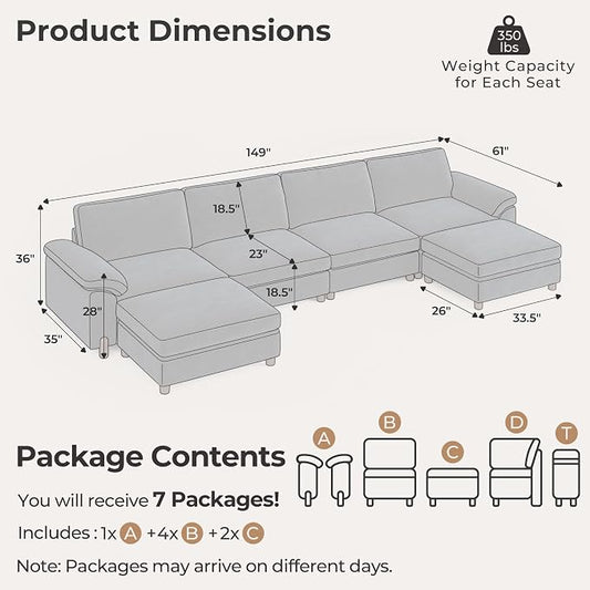 SITJOY Large Cloud Couch, 149" Wide 4 Seater U Shape, Chenille in Navy Blue | Detachable and Washable Chenille Cover Sectional Sofas for Living Room, Deep Seat Wide Couch with Chaise, Storage Ottoman