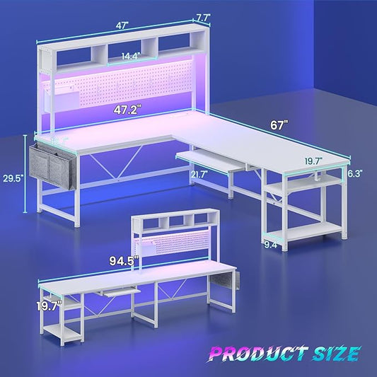 SEDETA White L Shaped Gaming Desk, Reversible Corner With Power Outlet and Pegboard, Hutch, Storage Shelf, Keyboard Tray, and LED Lights for Home Office
