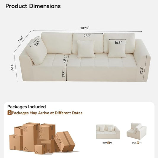 110''Modular Sectional Couches for Living Room, Cloud Boneless Compressed Sectional Sofa, Oversized 3 Seater Upholstered Memory Foam Sofa, No Assembly, Chenille Beige