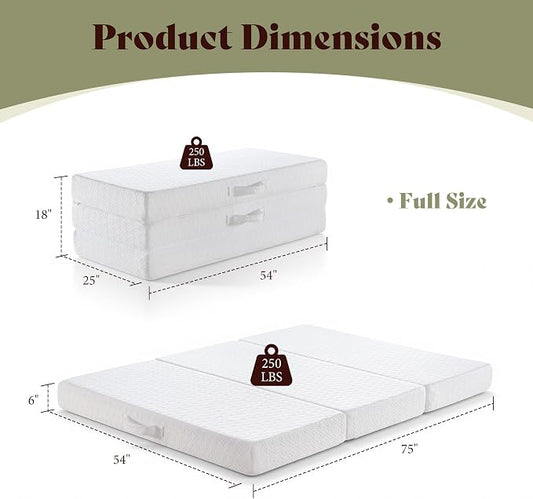 AMERLIFE 6-Inch Full Tri-Fold Memory Foam Mattress, Cooling Gel Foldable Guest Bed with Washable Cover, Space-Saving Mattress for Murphy Bed, Home Use, White