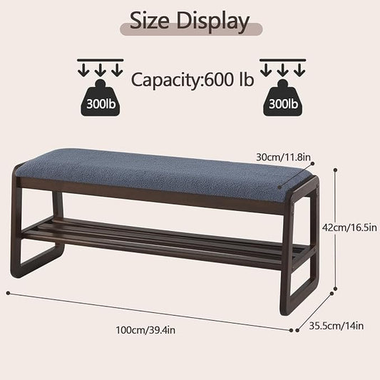 Achicsofar Shoe Rack Bench,2 Tier Solid Wooden Entryway Bench with Shoe Storage, Shoe Rack with Cushion for Living Room, Hallway(Grayish Blue, 39.4")