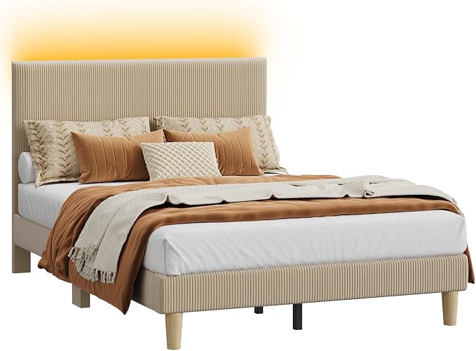 Bestier Full Size Bed Frame with Adjustable Headboard,LED Light,Taupe | Wood Slats Support,Easy Assembly,LED Lighting Headboard,No Squeaks,Vertical Channel Corduroy Upholstered,No Box Spring Needed