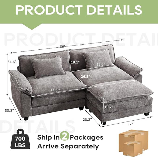 Oprisen 86" Modular Sectional Sofa, Comfy Cloud Couch Sectional Sofa with Ottoman, Chenille Sofa Sleeper Deep Seat Sofa with Throw Pillows for Living Room (Light Gray, 86"- L Shape)