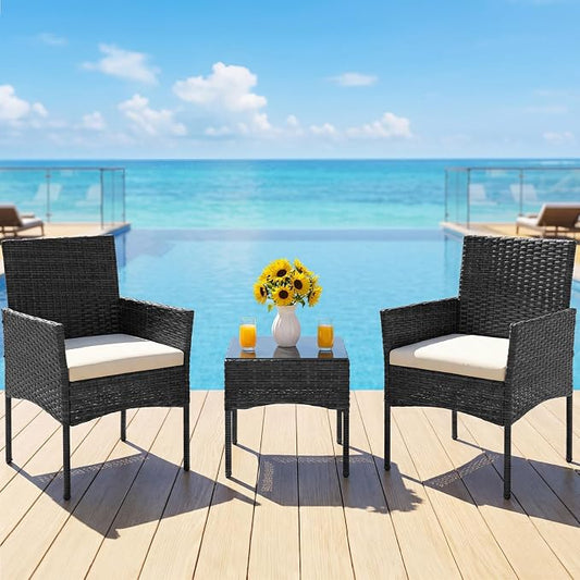 DUMOS 3-Piece Patio Furniture Set, All-Weather Outdoor Wicker Chairs with Removable Cushions & Tempered Glass Table, Small Bistro Set for Porch, Balcony, Lawn, Backyard, Black