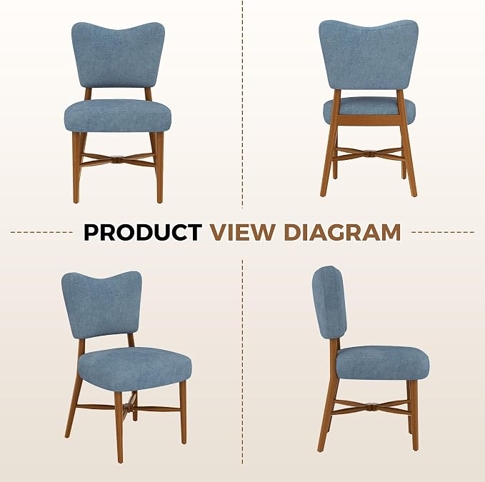 Farmhouse Dining Chairs Set of 2, Linen Seat, Wood Legs, Blue | Mid Century Modern, Upholstered Padded Cushion, Solid Wood Cross-Brace, Easy 15-Min Assembly, Kitchen Dining Room