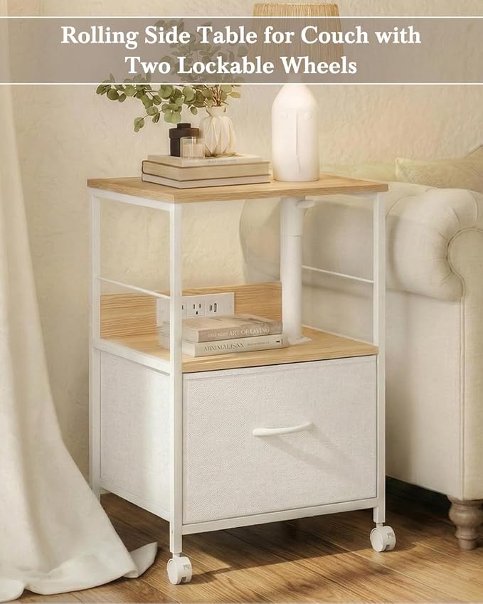 Faesun Swivel Lift Top Nightstand with Charging Station, Rolling Side Table for Recliner, Bedside Table with Wheels & a Fabric Drawer, for Small Spaces, for Bedroom, Living Room, Oak White