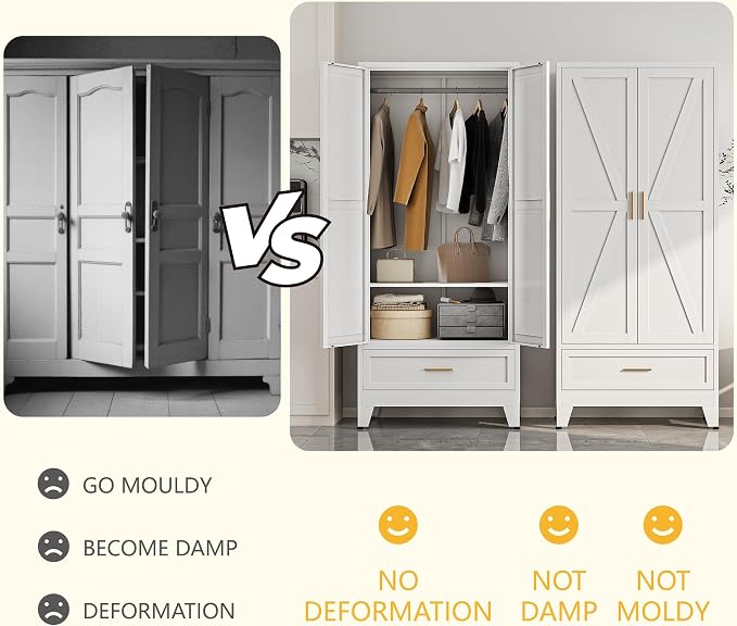 Metal Wardrobe Closet Cabinet with Drawers,71" H Large Bedroom Armoires with Shelves and Hanging Rod,Wardrobe Storage Cabinet with 2 Doors, 1 Adjustable Shelf and Drawers (1Drawer, White)