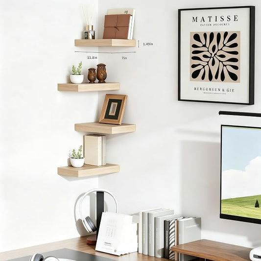 Oak Floating Shelves for Wall, Set of 4 Rustic Wood Shelves Over Toilet for Bathroom, Bedroom, Kitchen & Living Room Decor Display, for Plants, Towels & Books, 12"x7"x1.5"