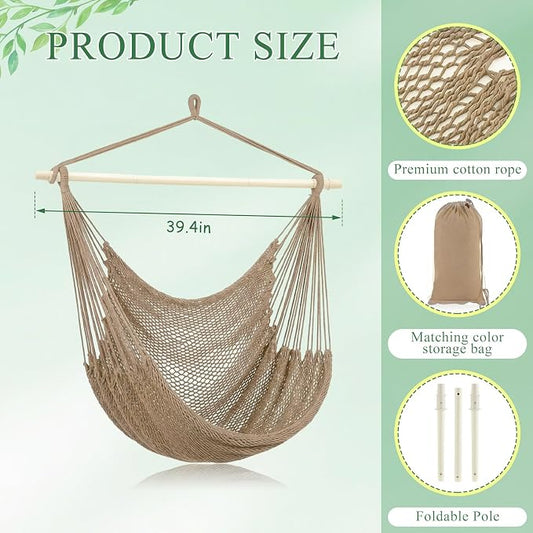 Barydat 2 Pcs Hanging Hammock Chair Boho Swing Chair Outdoor Indoor Comfy Soft Cotton Rope Weaving with 40 Inch Detachable Metal Bars for Backyard Living Room Garden, 270lb Capacity (Brown)
