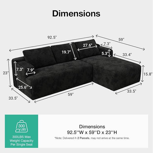 Novilla L-Shape Sectional Couches for Living Room with Smarts Coil® Support, 3 Seater Sectional Sofas for Living Room Bedroom, Corduroy Cloud Couch Sectional, No Assembly(Black, Right Hand Facing)