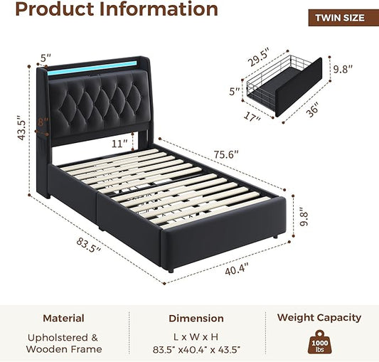 Twin LED Velvet Bed Frame with 2 Storage Drawers&Hidden Headboard, Upholstered Platform Bed with Charging Station&Button Tufted Design, Wooden Slats Support, Box Spring Optional, Easy Assembly, Black