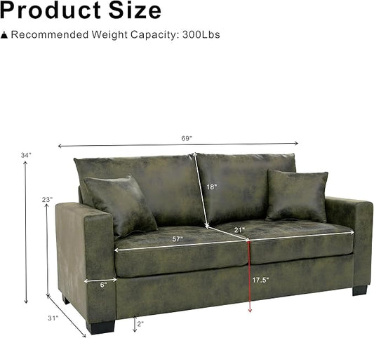 Ball & Cast 69" Loveseat Sofa, Modern Love Seat Couches for Living Room, Upholstered 2 Seater Small Couch with 2 Throw Pillows for Bedroom,Apartment,Office,Easy Assembly,Olive Green