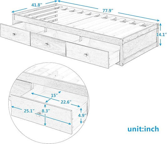 Merax Wood Bed Frame with 3 Drawers Twin Storge Day Bed with Wood Slat Support Space Saving Cherry