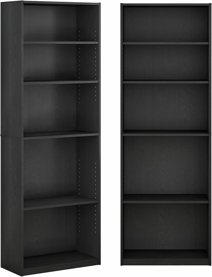 Furinno Jaya Book Shelf Set of 2, 5-Tier Bookshelf, Bookcase, with Adjustable Shelf, 9.5 x 24.5 x 71, for Home Office, Living Room, Black