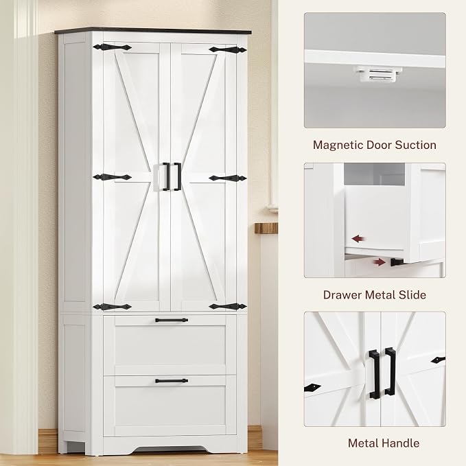 TEENFON 66.2" H Storage Cabinet with 2 Drawers, Farmhouse Kitchen Pantry Cabinet with 2 Doors & Adjustable Shelf, Bathroom Cabinet, for Living Room, Kitchen, Bathroom, White