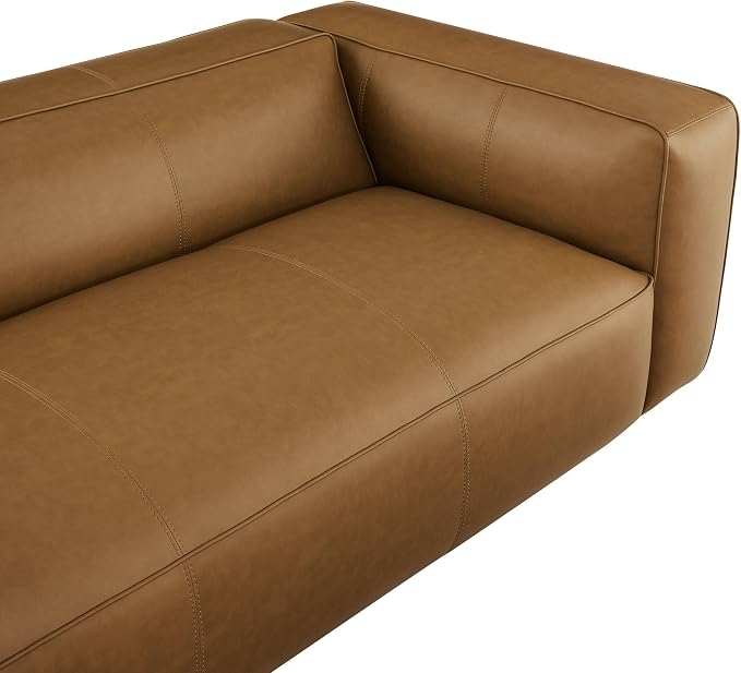 Modway Auren Vegan Leather Sofa in Camel - Faux Leather 3 Seater Couch - 88 Inch Comfy Modern PU Leather Sofa - Oversized Mid Century Modern Couch for Living Room, Apartment, Loft