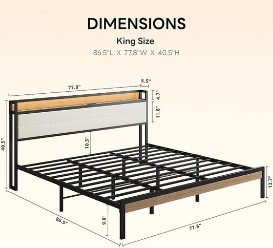 LIKIMIO King Size Bed Frame, Storage Headboard with LED Lights and Charging Station, Metal Platform Bed No Box Spring Needed, Noise Free, Under Bed Storage, Natural and Cream