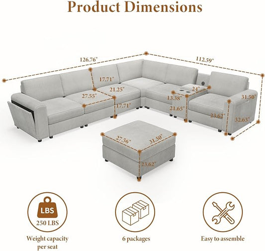 Vesgantti Oversized Modular Sectional Sofa, 6-Seater Chenille L Shaped Modular Sofa with Ottoman, 2 Cup Holders, USB Port, Storage Box, Sectional Couches for Living Room, Meeting Room, Light Grey