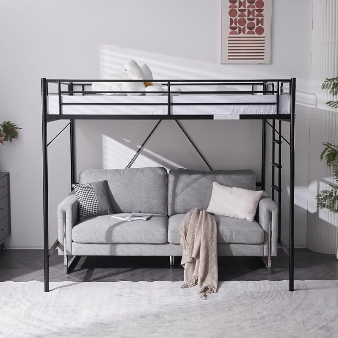 VINGLI Loft Bed Full Size with Flat Rungs for Adults, Kids and Young Teens, No Box Spring Needed,Heavy Duty Metal Slat Support,Black