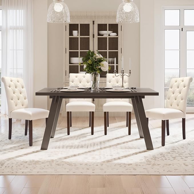 COLAMY Tufted Dining Chairs Set of 4, Accent Parsons Diner Chair Upholstered Fabric Stylish Kitchen Chairs with Solid Wood Legs and Padded Seat, Beige