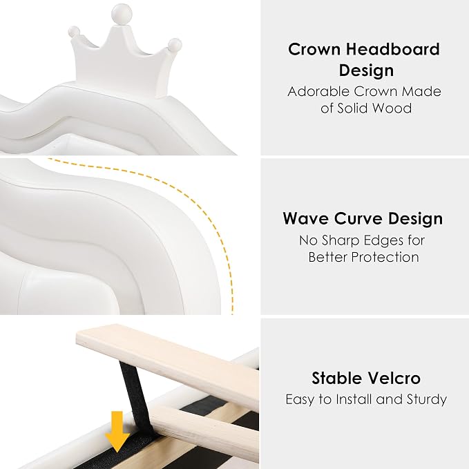 Keyluv Twin Upholstered LED Bed Frame with Storage Drawer, Leather Princess Platform Bed with Adjustable Crystal Button Tufted Crown Headboard, Solid Wooden Slats Support, No Box Spring Needed, White