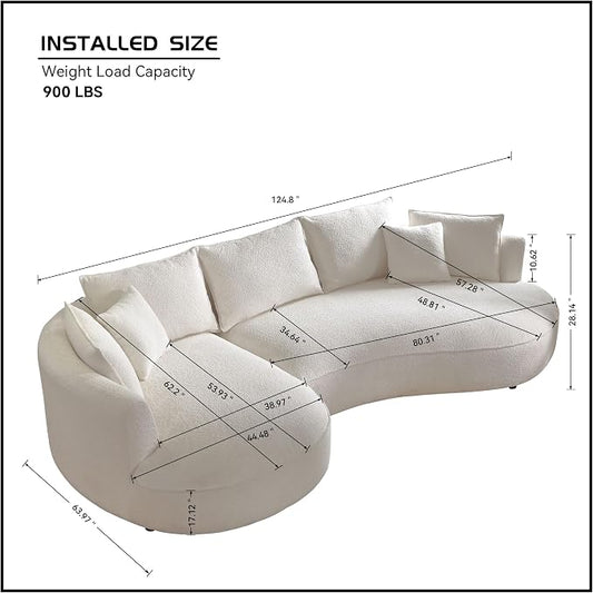 KEIKI 129" Luxury Curved Boucle Sectional Sofa with Left Chaise, Upholstered Modern Style Oversized 5-Seater Couch with Thickened Seat Cushions, Easy Assembly, for Apartment, Living Room, White