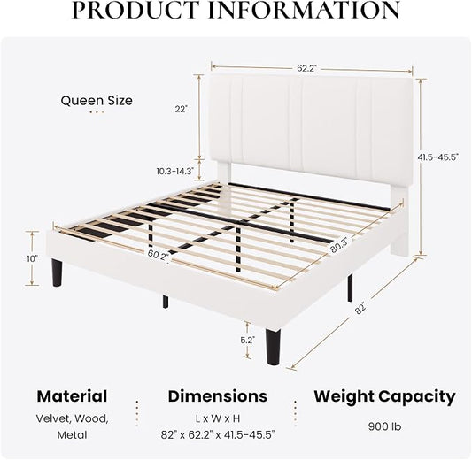 SHA CERLIN Queen Size Platform Bed Frame, Velvet Upholstered Bed with Adjustable Headboard, Vertical Channel Tufted Design, Sturdy Wood Slat Support, No Box Spring Needed, Easy Assembly, White