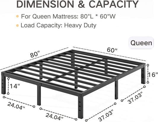 Queen Size Bed Frame 16 Inches High, Heavy Duty Steel Slats with Heavy Duty Support for Mattress,No Box Spring Needed, Noise-Free,Easy Assembly