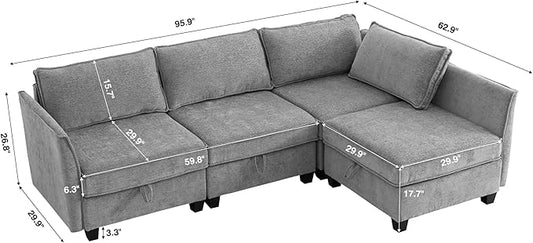ORRD Corner Modular Sectional Sofa Set, Convertible L Shaped Couch with Storage, 4 Seater Sofa Modular for Living Room, Office (Grey)