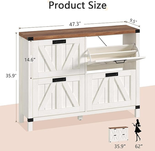 YOMILUVE Shoe Storage Cabinet with 4 Flip Drawers, Farmhouse Shoe Cabinet for Entryway, Slim Shoe Rack Freestanding Shoe Organizer with Barn Door, Brown and White