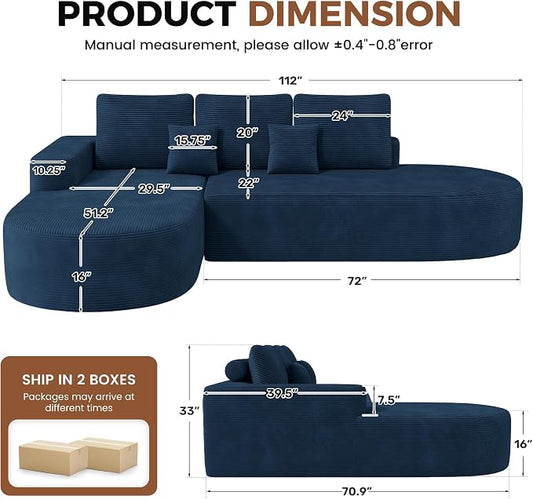 112" Modular Curved Sofa, Oversized Couches for Living Room, Modern Cloud Couch with Deep Seat, Corduroy Foam Couch, No Assembly Required, Navy Blue, 1PCS