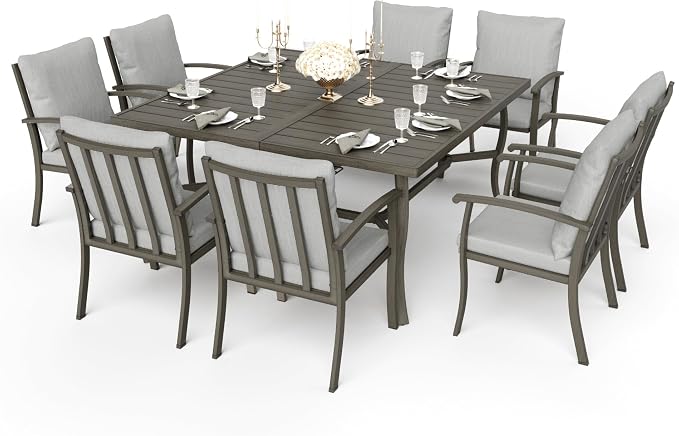 HAPPATIO 9 Piece Patio Dining Set, Aluminum Outdoor Dining Set for 8, 59" Large Square Dining Table with Umbrella Hole and 8 Chairs, Outdoor Table and Chairs for Lawn Yard Patio
