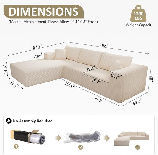 WHGBJA 108" Modular Sectional Sofa — Oversized Cloud Couch with L-Shape Chaise, Upholstered 3-Seat Modular Sectional for Living Room (Beige)
