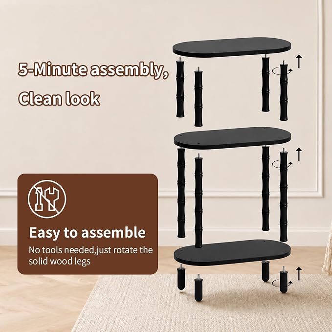 Narrow Side Table with Storage, 3-Tier End Table Skinny Nightstand for Bedroom, Living Room Small Space, Black