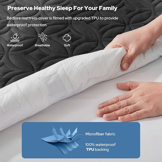 BEDLORE Waterproof Mattress Protector, Twin XL Size Mattress Pad with Deep Pocket 6"-15" Depth, Soft Breathable Dirt-Proof Bed Mattress Cover for Bedroom, College Dorm (Black)
