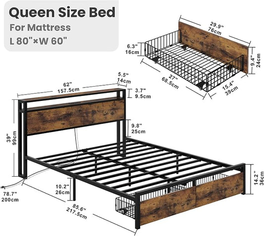 LIKIMIO Queen Bed Frame with Storage Headboard, Queen Size Bed Frame with Charging Station & 2 Drawers, No Box Spring Needed, Easy Assembly