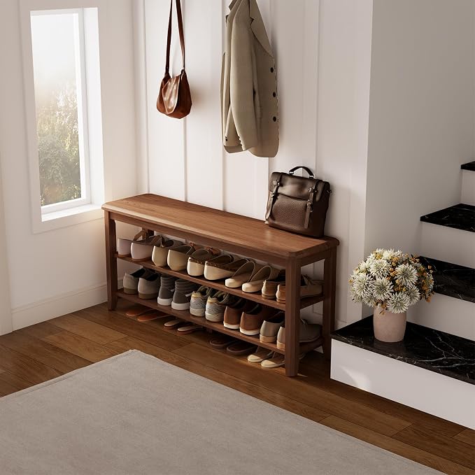 AQIMUELE Wood Shoe Rack Bench for Entryway, 2 Tier Shoe Rack for Front Door Entrance, Shoe Bench with Shoe Storage for Entryway, Bedroom, 47.2"