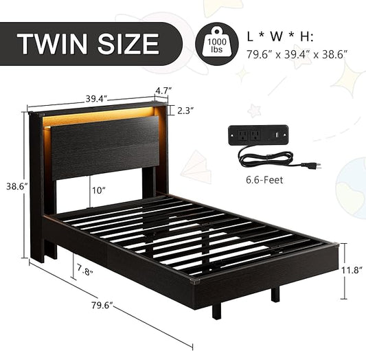 Einhomn Twin Bed Frames with LED Lights and Charging Station - Wood Floating Bed Frame with Storage Headboard, Adhesive Slats, Kick-Free & Noise-Free Design, Easy Assembly, Black