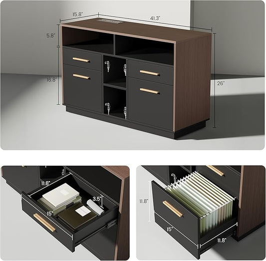 ModernMate 71" Standing Desk with File Cabinet, AC/USB, 1.18" Desktop, L Shaped Height Adjustable Desk, Electric Furniture Set with Multiple Functions for Home and Office, Black Walnut